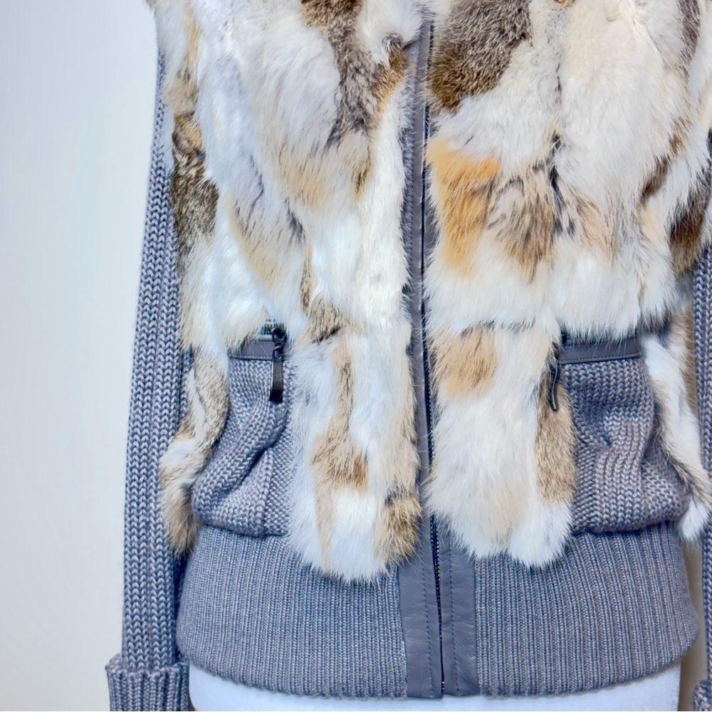 Rabbit Fur and Cable Knit Cardigan Jacket with Hood - Picture 6 of 15